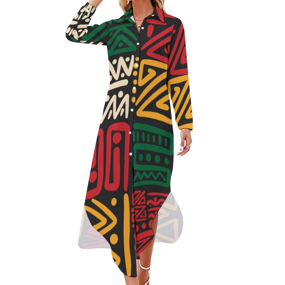 Button Neck Long Sleeve Shirt Dress