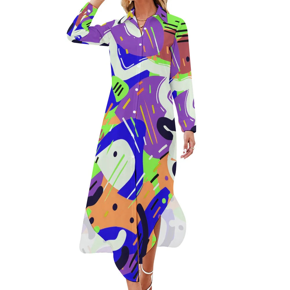 Button Neck Long Sleeve Shirt Dress