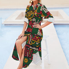 Button Neck Long Sleeve Shirt Dress