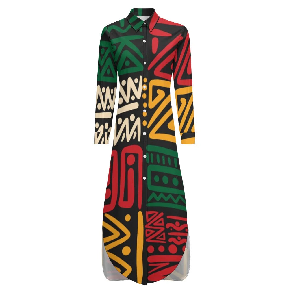 Button Neck Long Sleeve Shirt Dress