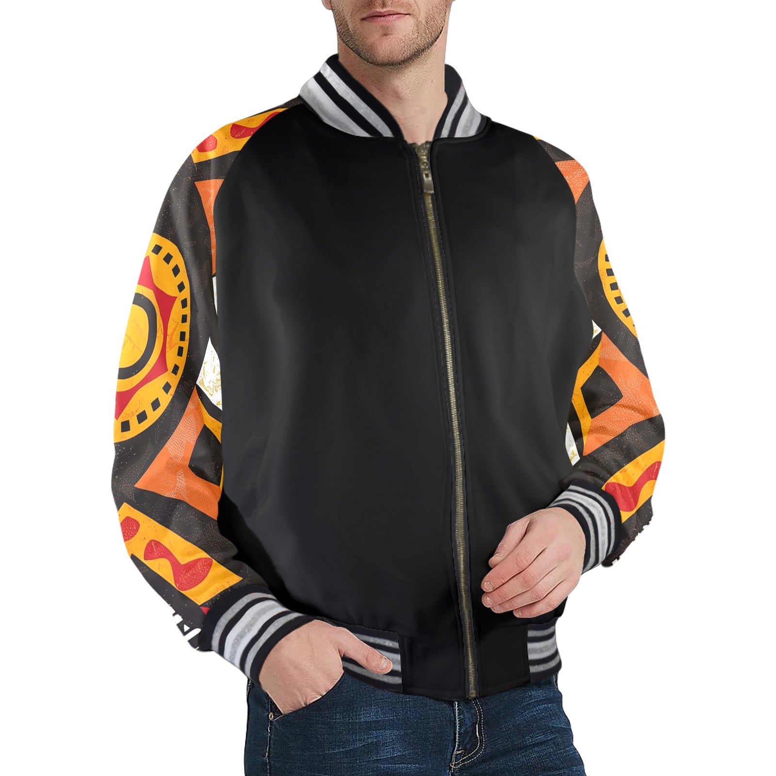 New Men's Striped Trim Bomber Jacket (H21)【Type】95% Polyester and 5% spandex, for men, All-Over Printing. The neckline, cuffs and hem are available in black and red 