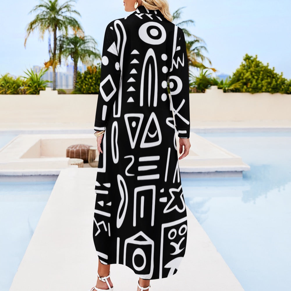 Button Neck Long Sleeve Shirt Dress