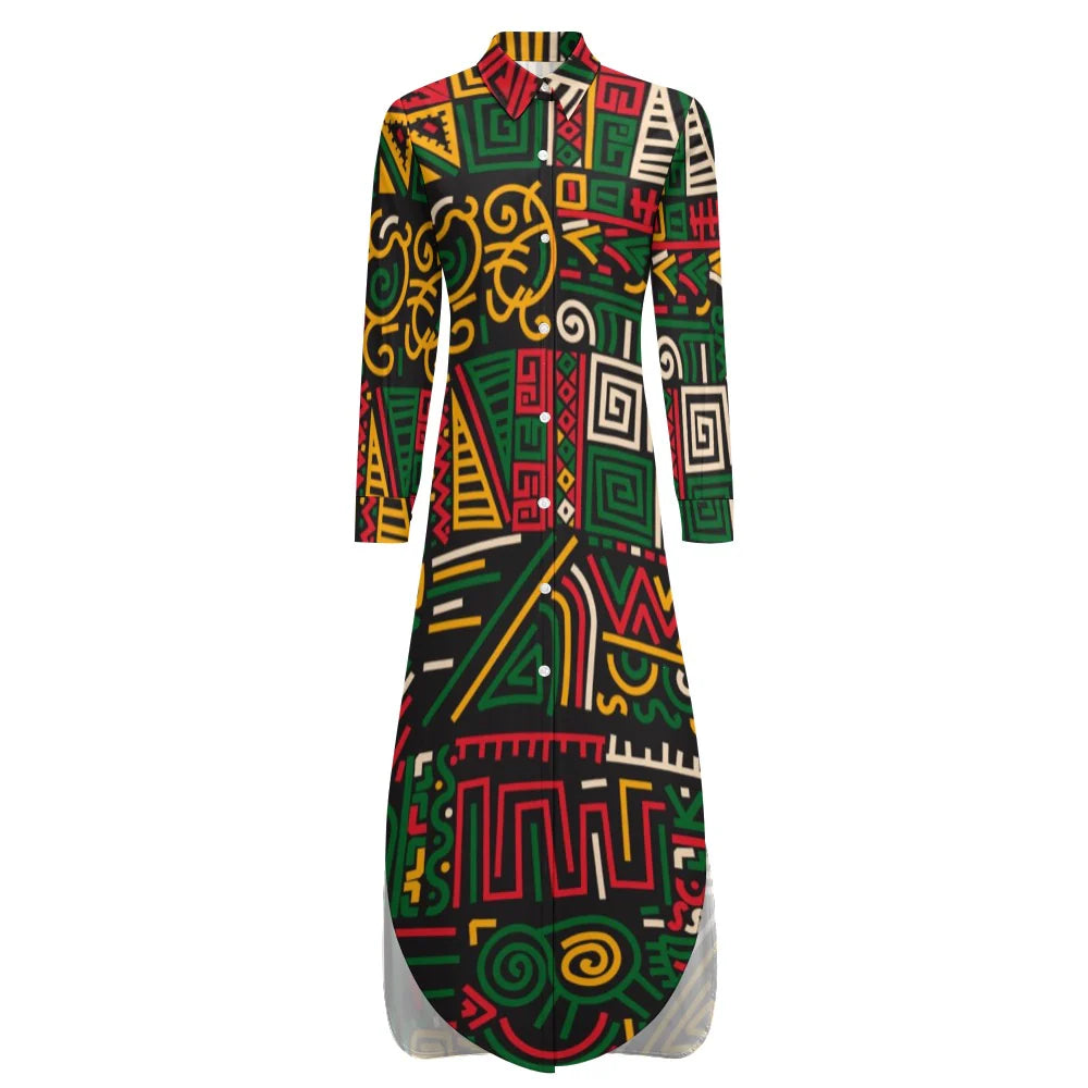 Button Neck Long Sleeve Shirt Dress