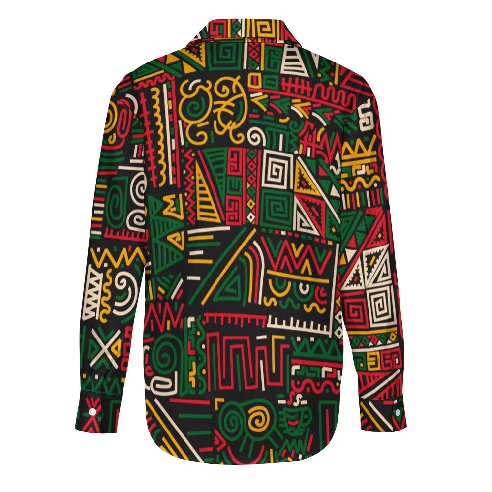 Women's Afro-Centric Black Culture Long Sleeve Button-Down Shirt