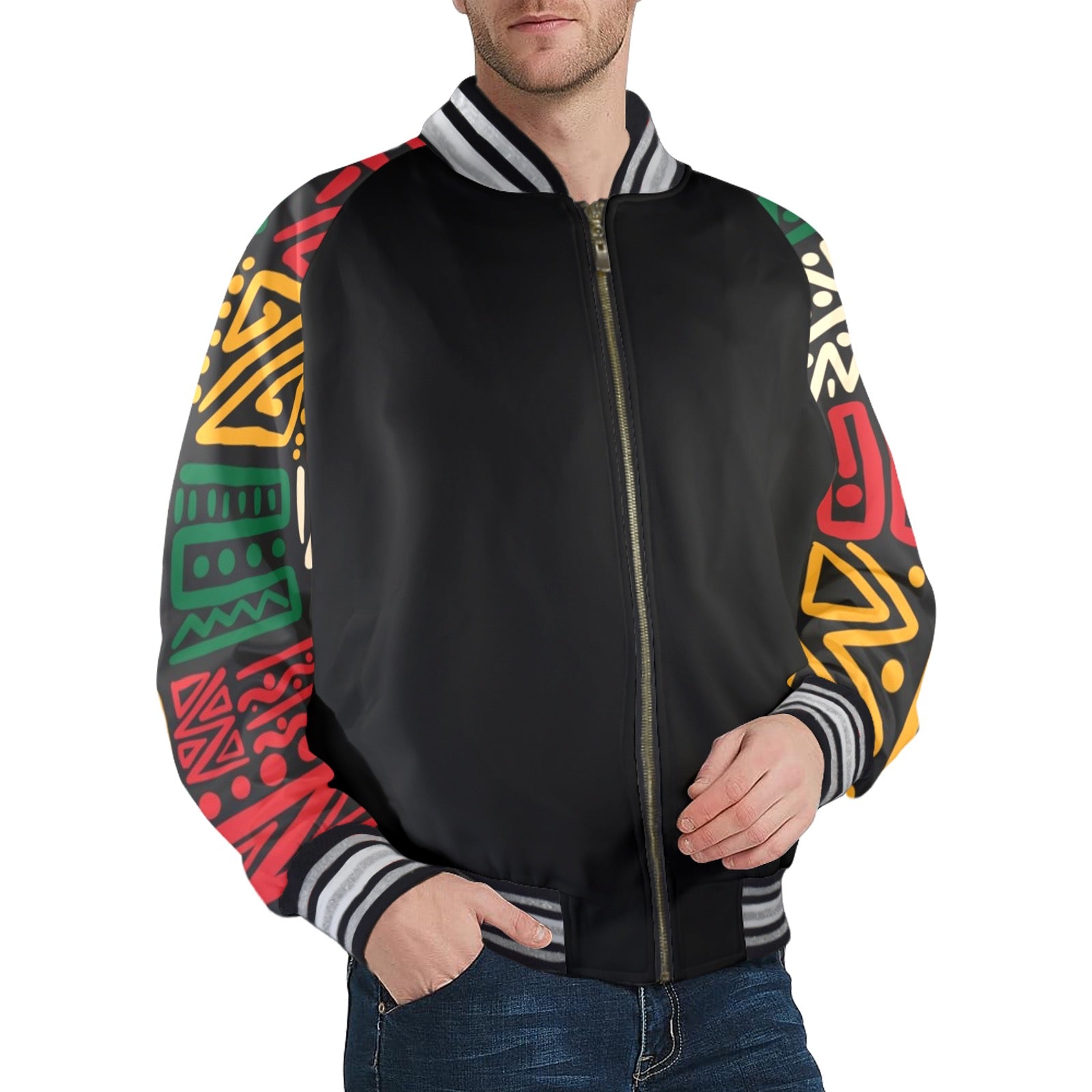 Discover the Men's Striped Bomber Jacket with polyester-spandex blend, zipper front, and elastic fit for everyday wear in versatile seasons.