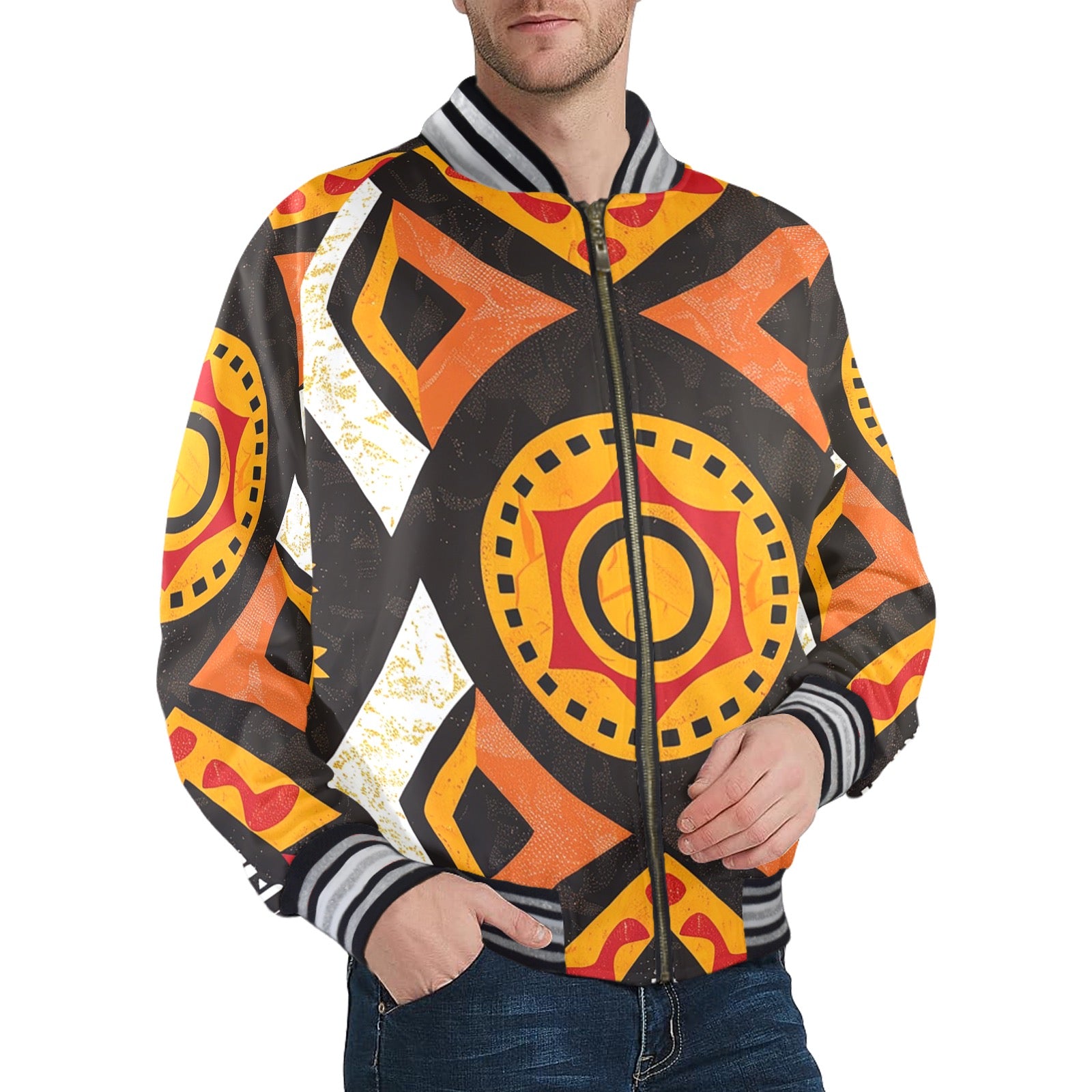 New Men's Striped Trim Bomber Jacket (H21) 【Type】95% Polyester and 5% spandex, for men, All-Over Printing. The neckline, cuffs and hem are available in black and red