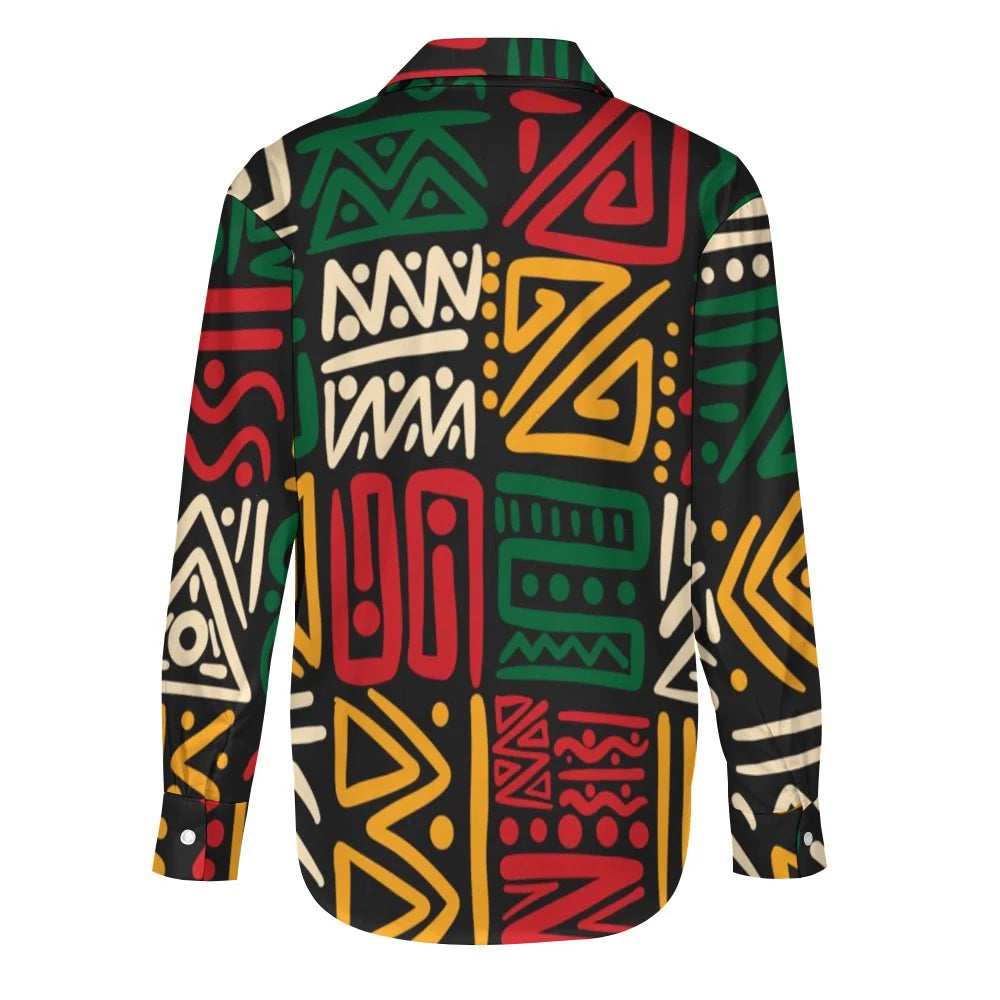 Women's Afro-Centric Black Culture Long Sleeve Button-Down Shirt