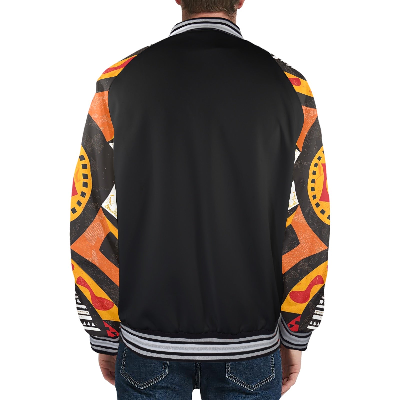 New Men's Striped Trim Bomber Jacket (H21)【Type】95% Polyester and 5% spandex, for men, All-Over Printing. The neckline, cuffs and hem are available in black and red 