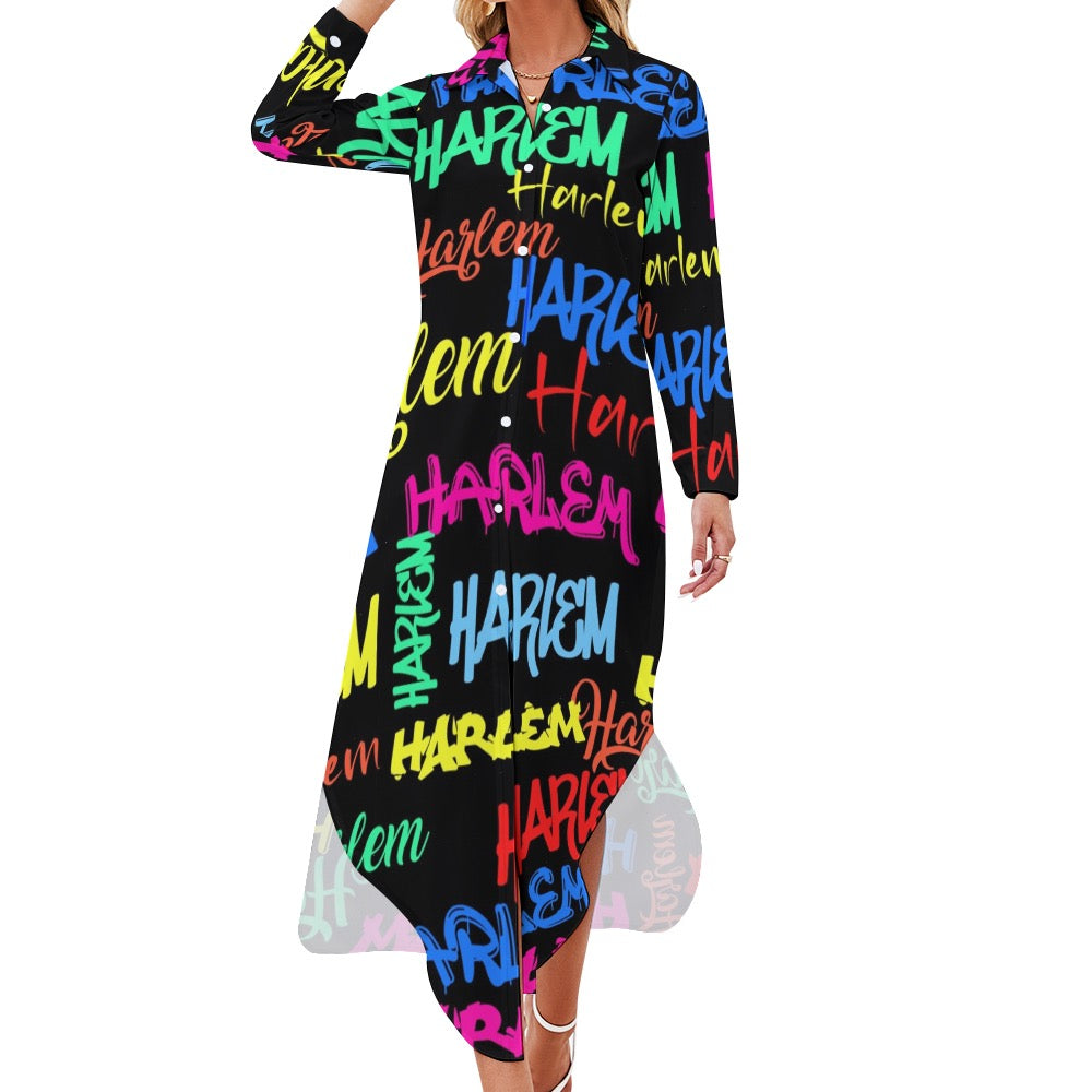 Button Neck Long Sleeve Shirt Dress