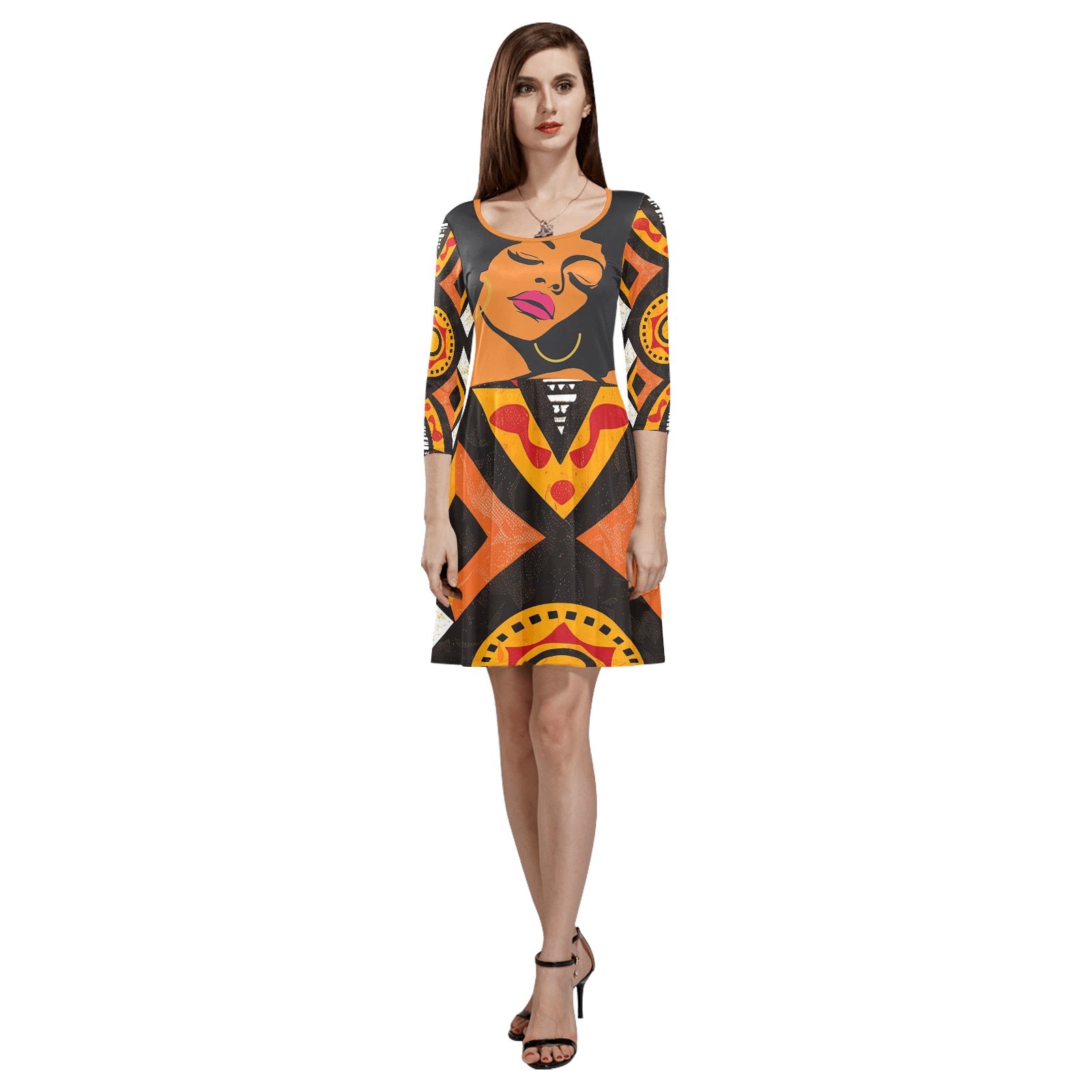 Women's 3/4 Sleeve Round Neck Sundress(Model D23)