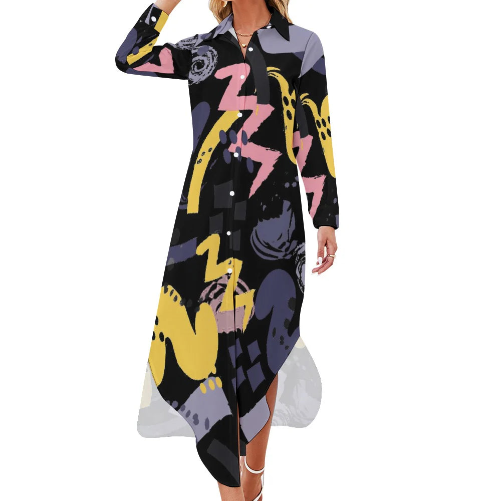 Women's Button Front Long Sleeve Collared Dress