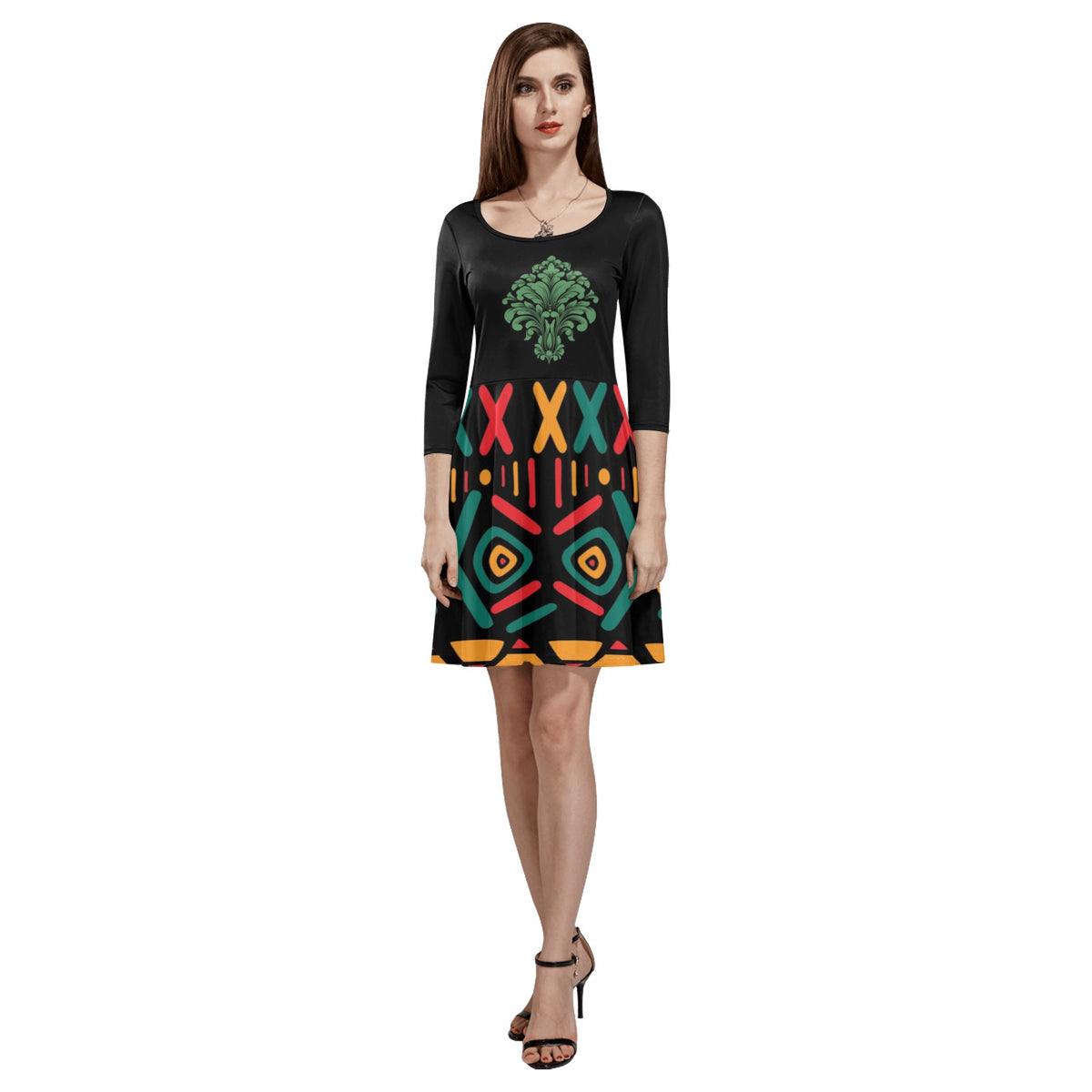 Women's 3/4 Sleeve Round Neck Sundress(Model D23)