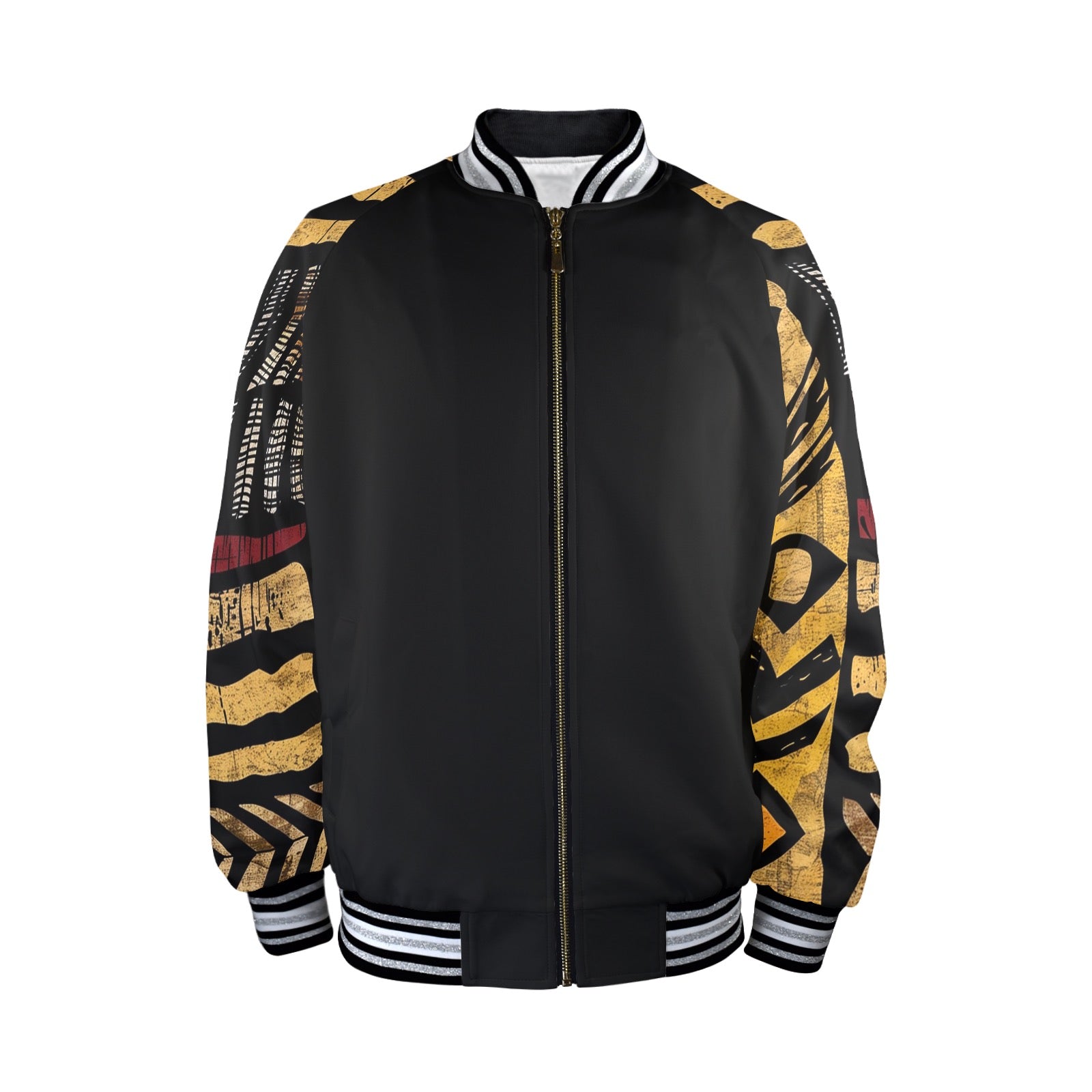 Men's Striped Trim Bomber Jacket (H21)【Type】95% Polyester and 5% spandex, for men, All-Over Printing. The neckline, cuffs and hem are available in black and red