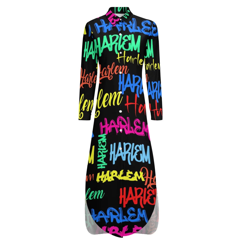 Button Neck Long Sleeve Shirt Dress