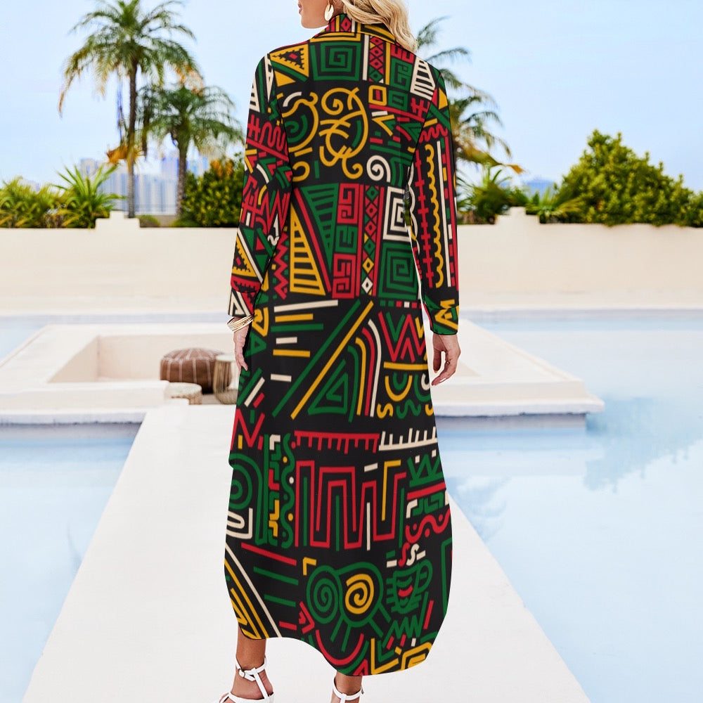 Button Neck Long Sleeve Shirt Dress