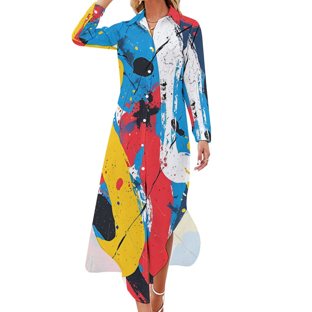 Button Neck Long Sleeve Shirt Dress