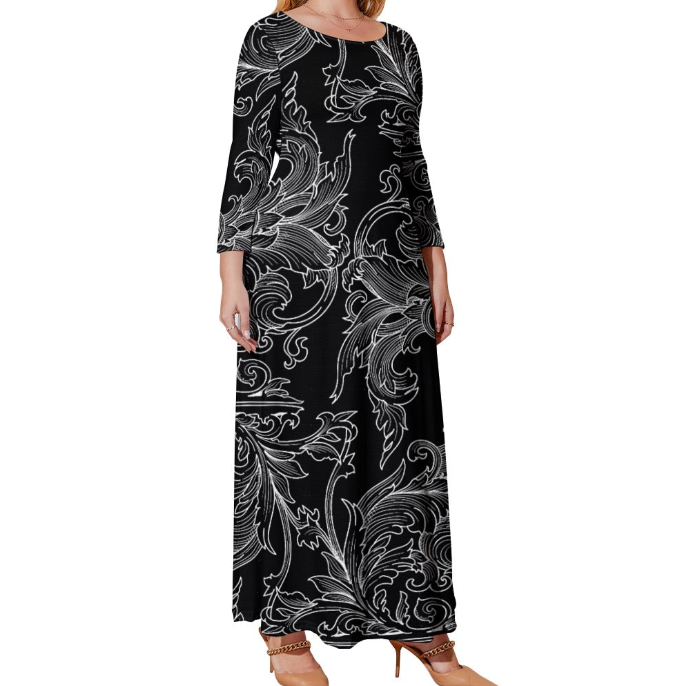Pluss Size Loose Crew Neck Long Sleeve Dress
