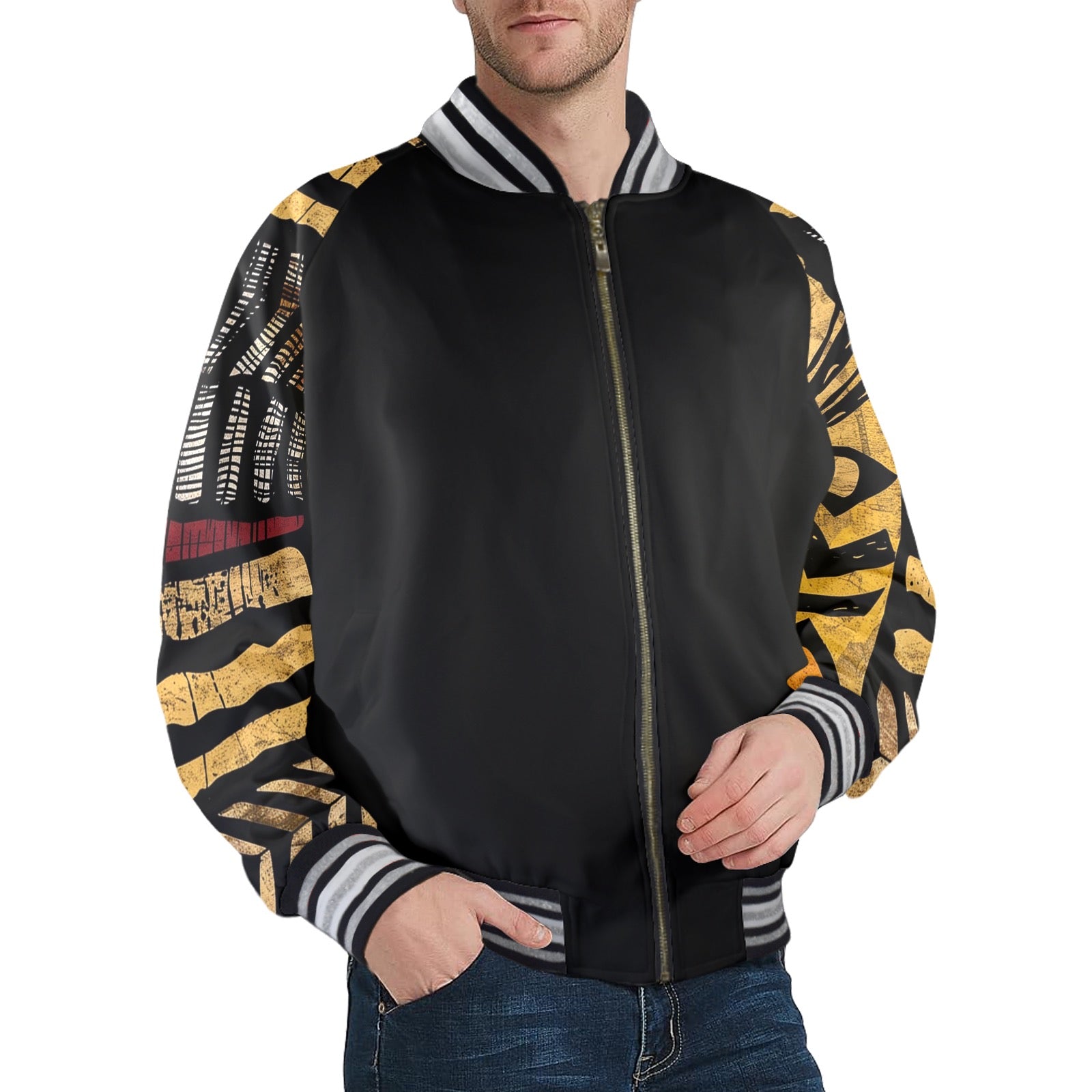 Men's Striped Trim Bomber Jacket (H21)【Type】95% Polyester and 5% spandex, for men, All-Over Printing. The neckline, cuffs and hem are available in black and red