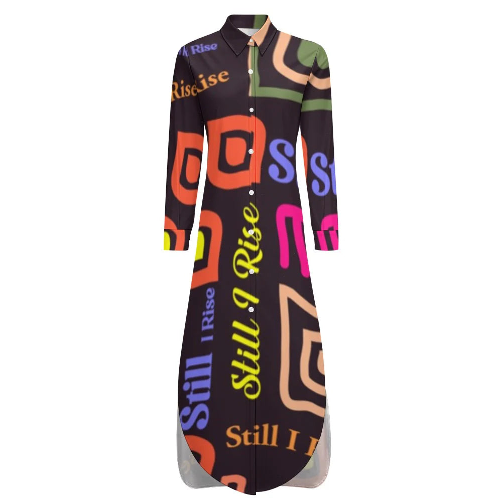 Button Neck Long Sleeve Shirt Dress