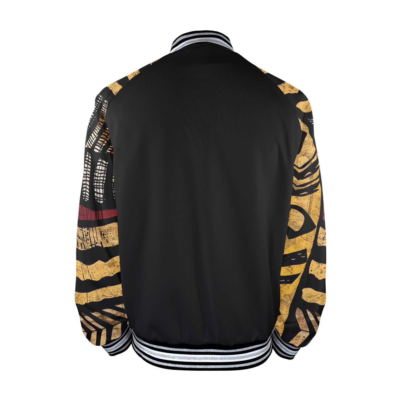 Men's Striped Trim Bomber Jacket (H21)【Type】95% Polyester and 5% spandex, for men, All-Over Printing. The neckline, cuffs and hem are available in black and red