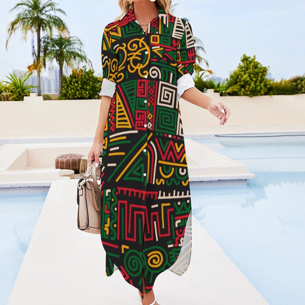 Button Neck Long Sleeve Shirt Dress