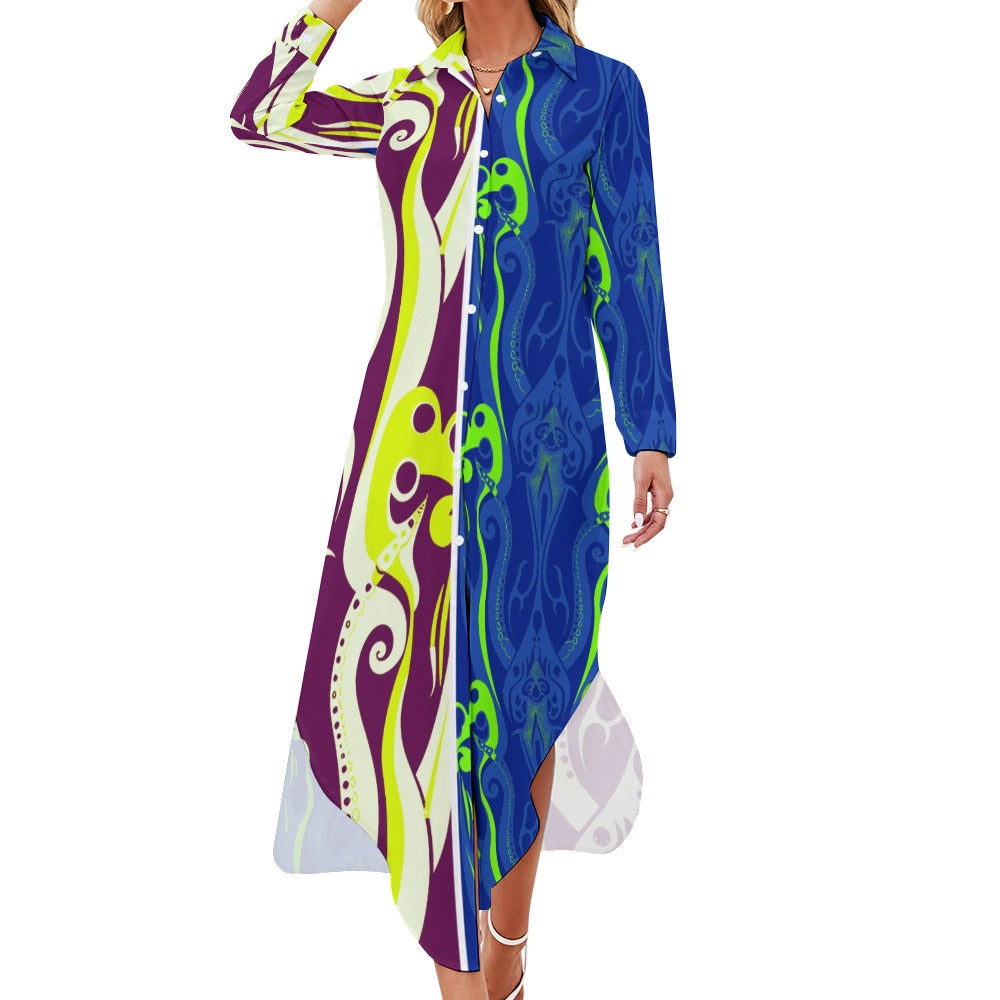 Button Neck Long Sleeve Shirt Dress