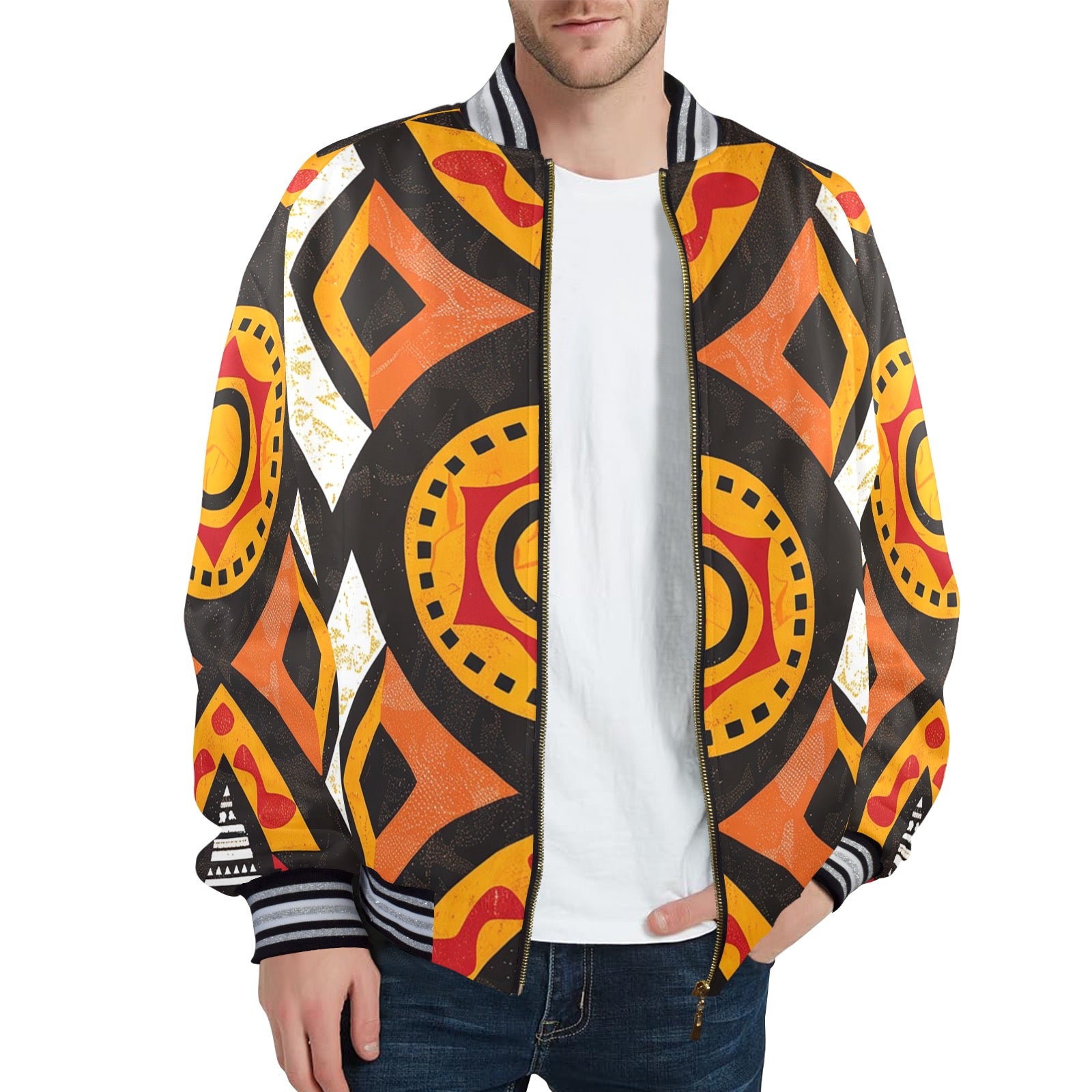 New Men's Striped Trim Bomber Jacket (H21) 【Type】95% Polyester and 5% spandex, for men, All-Over Printing. The neckline, cuffs and hem are available in black and red