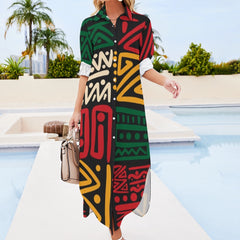 Button Neck Long Sleeve Shirt Dress