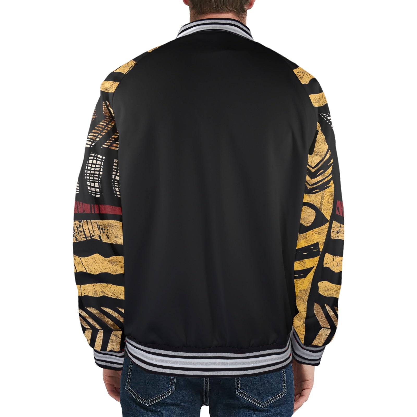 Men's Striped Trim Bomber Jacket (H21)【Type】95% Polyester and 5% spandex, for men, All-Over Printing. The neckline, cuffs and hem are available in black and red