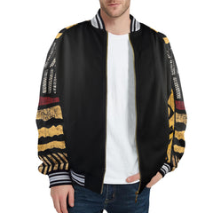 Men's Striped Trim Bomber Jacket (H21)【Type】95% Polyester and 5% spandex, for men, All-Over Printing. The neckline, cuffs and hem are available in black and red