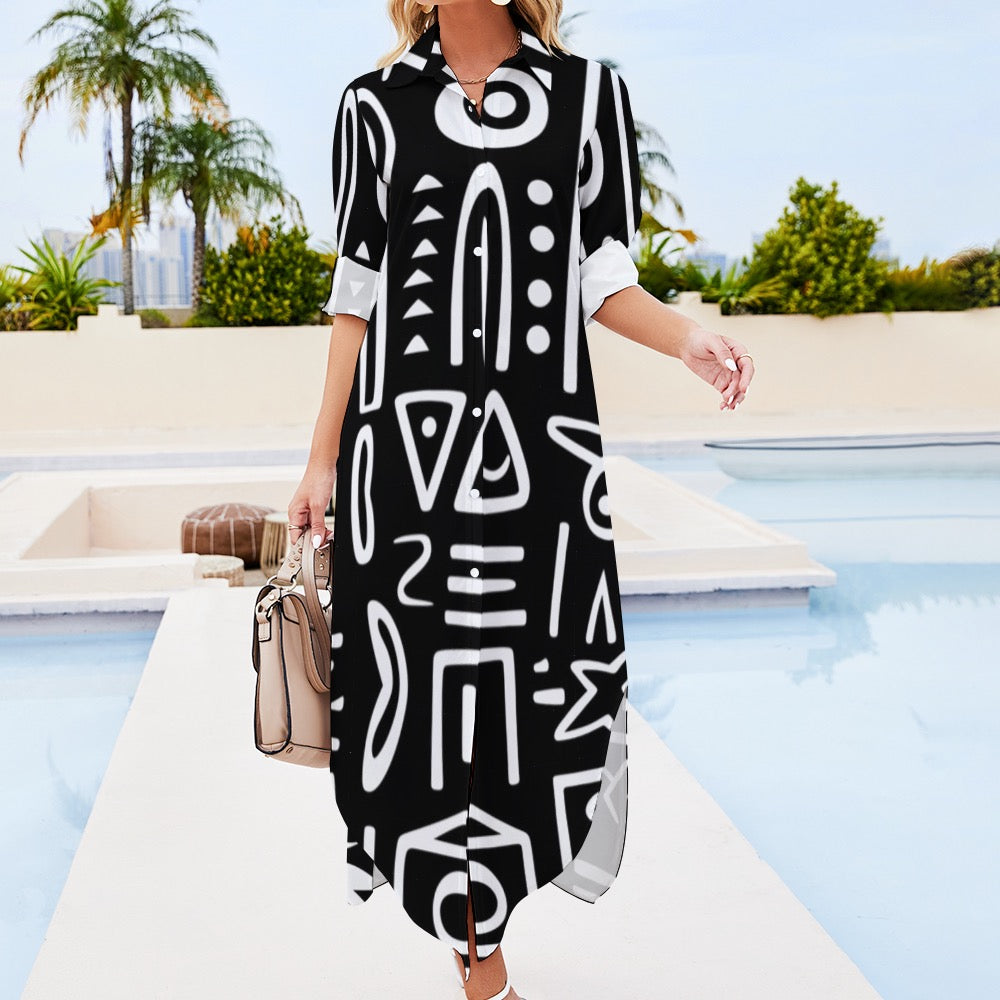 Button Neck Long Sleeve Shirt Dress