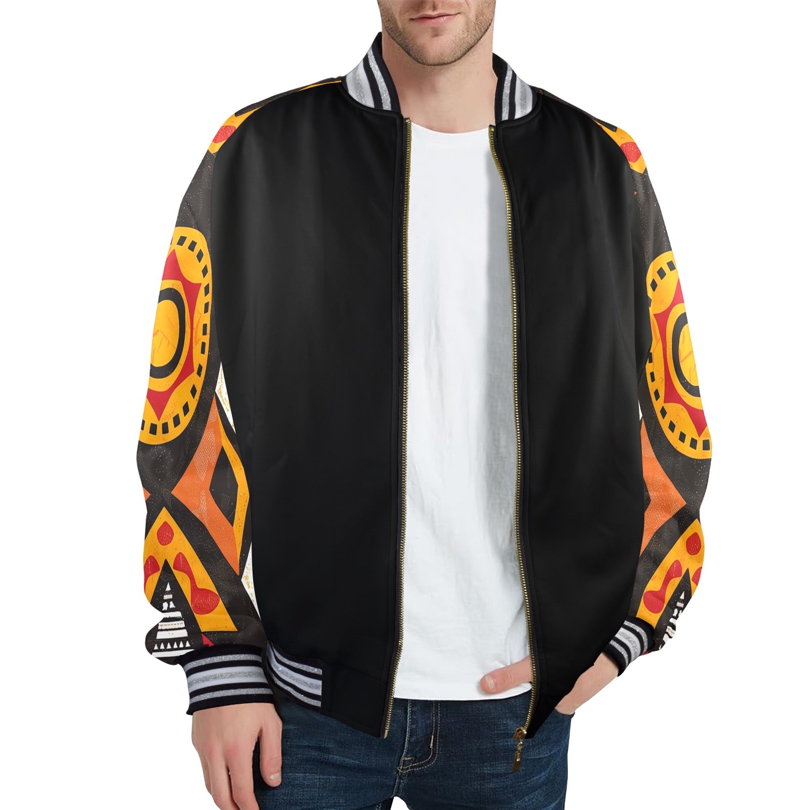 New Men's Striped Trim Bomber Jacket (H21)【Type】95% Polyester and 5% spandex, for men, All-Over Printing. The neckline, cuffs and hem are available in black and red 