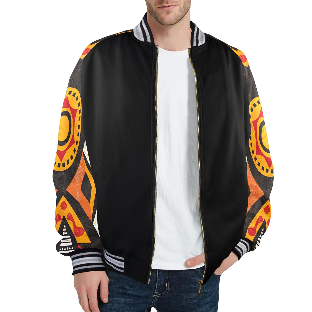 New Men's Striped Trim Bomber Jacket (H21)【Type】95% Polyester and 5% spandex, for men, All-Over Printing. The neckline, cuffs and hem are available in black and red 