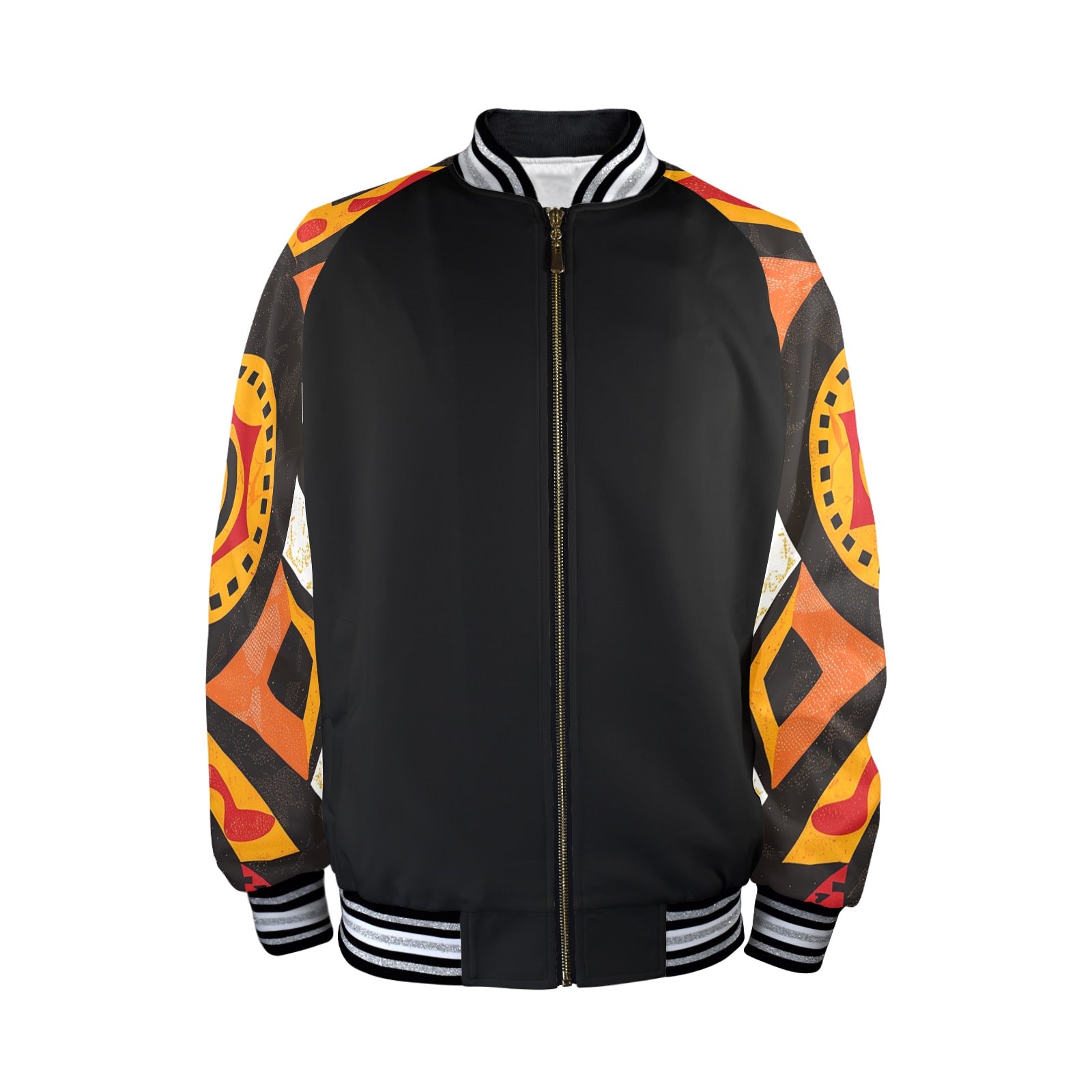 New Men's Striped Trim Bomber Jacket (H21)【Type】95% Polyester and 5% spandex, for men, All-Over Printing. The neckline, cuffs and hem are available in black and red 