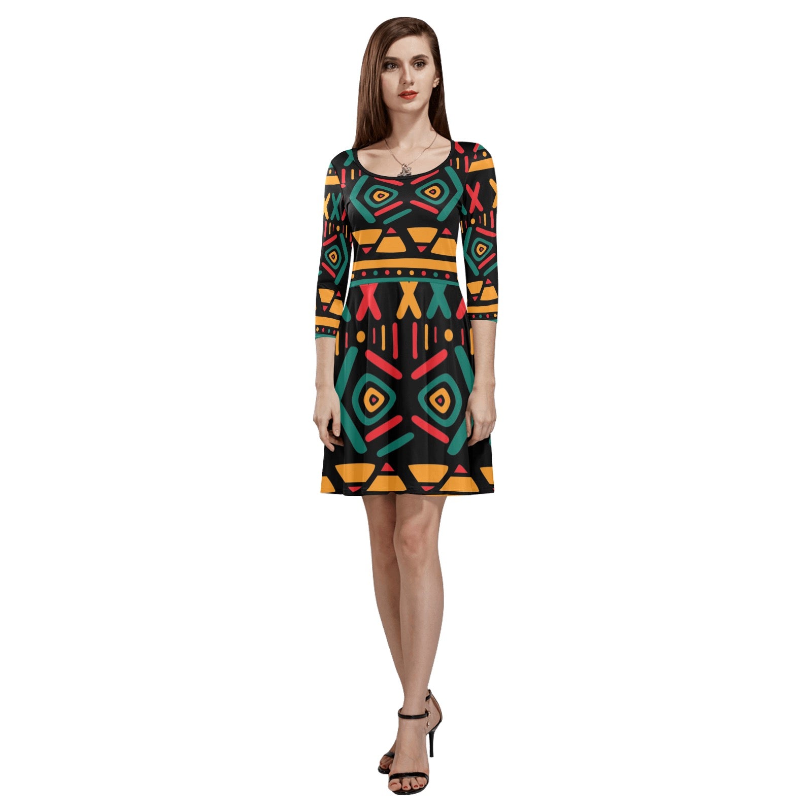 Women's 3/4 Sleeve Round Neck Sundress(Model D23)