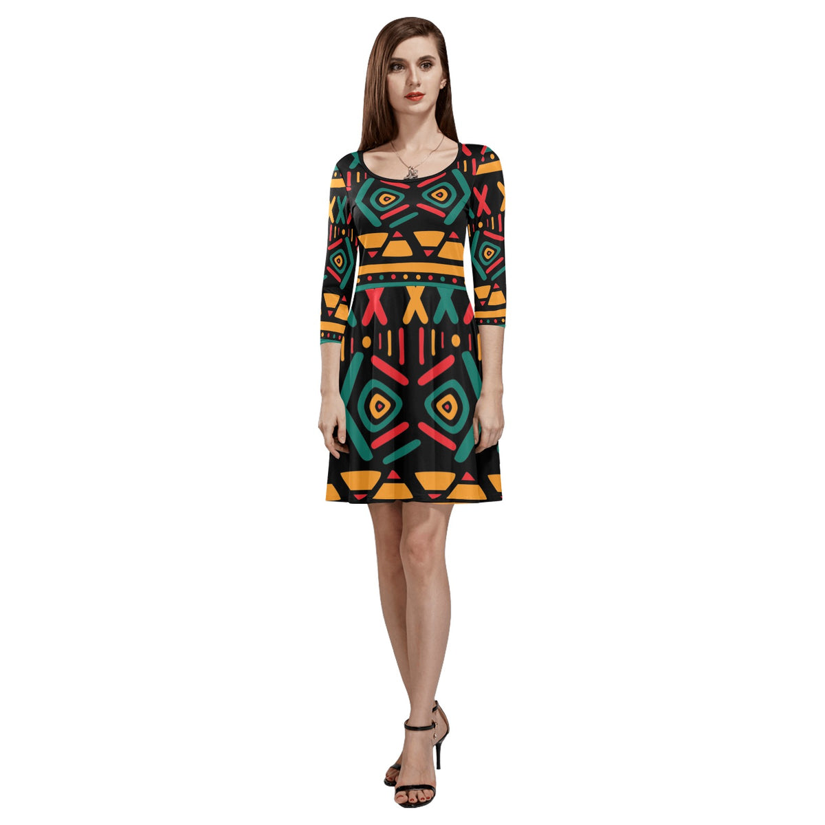 Women's 3/4 Sleeve Round Neck Sundress(Model D23)