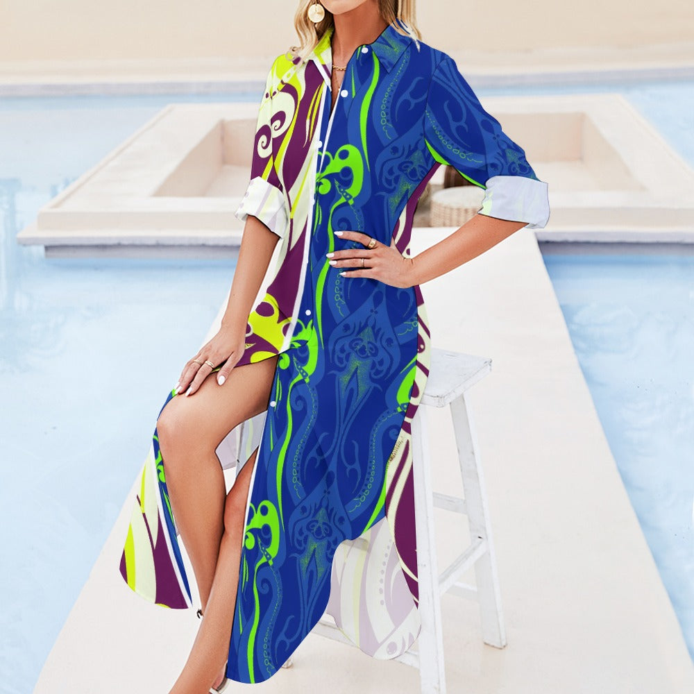 Button Neck Long Sleeve Shirt Dress