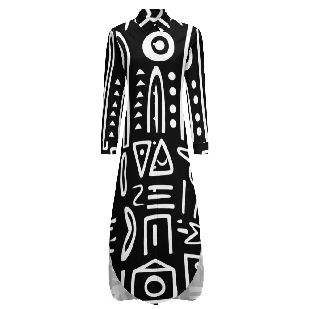 Button Neck Long Sleeve Shirt Dress