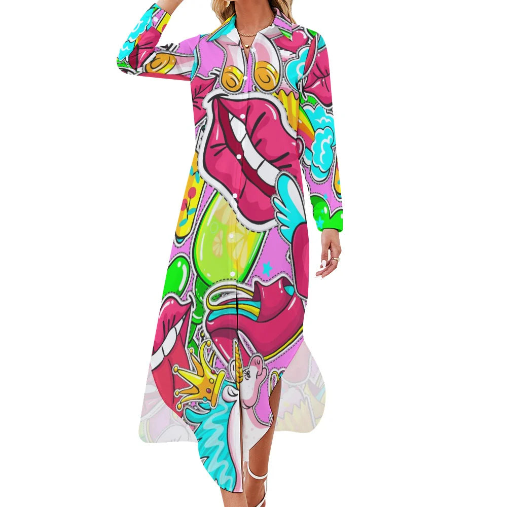 Women's Button Front Long Sleeve Collared Dress