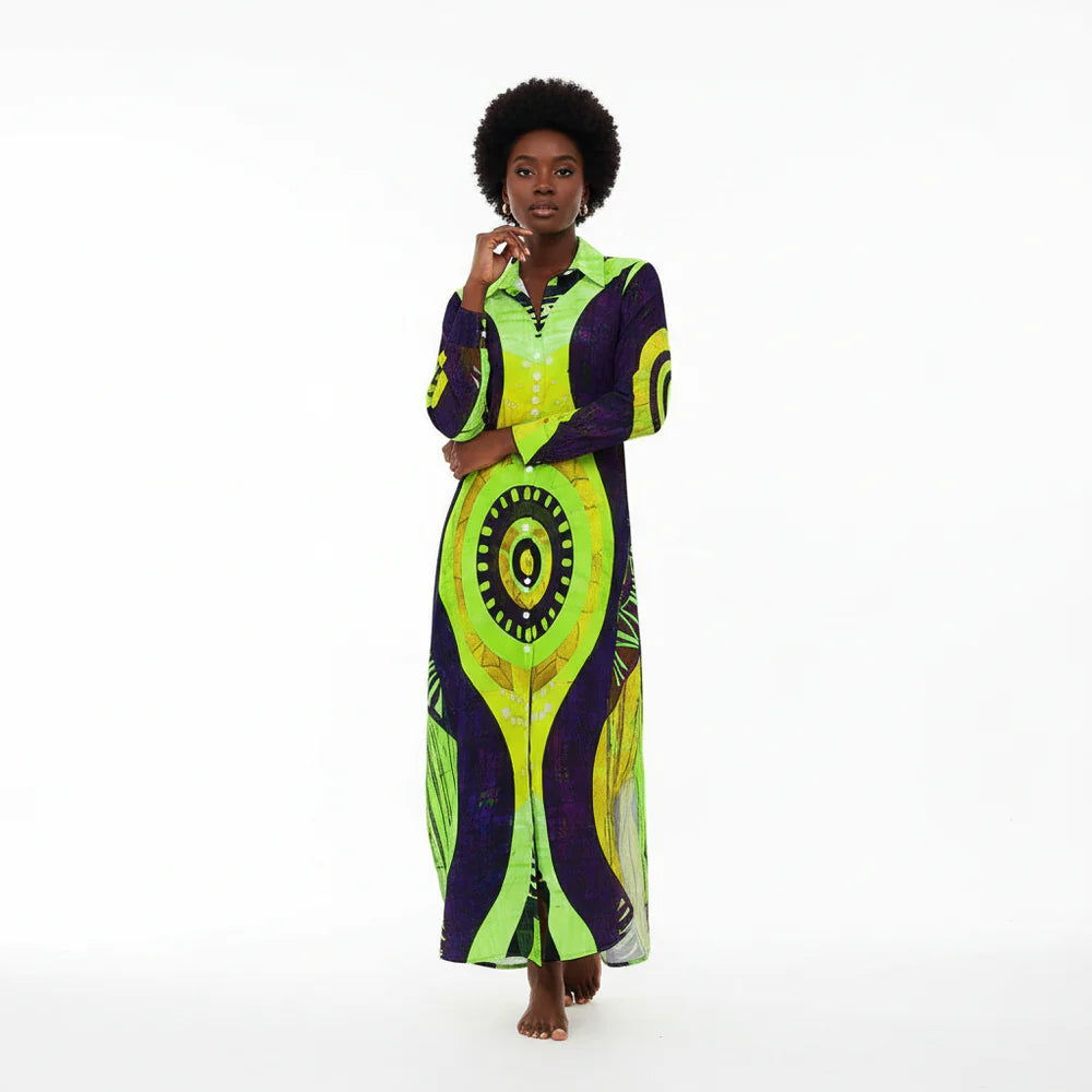 Button Neck Long Sleeve Shirt Dress