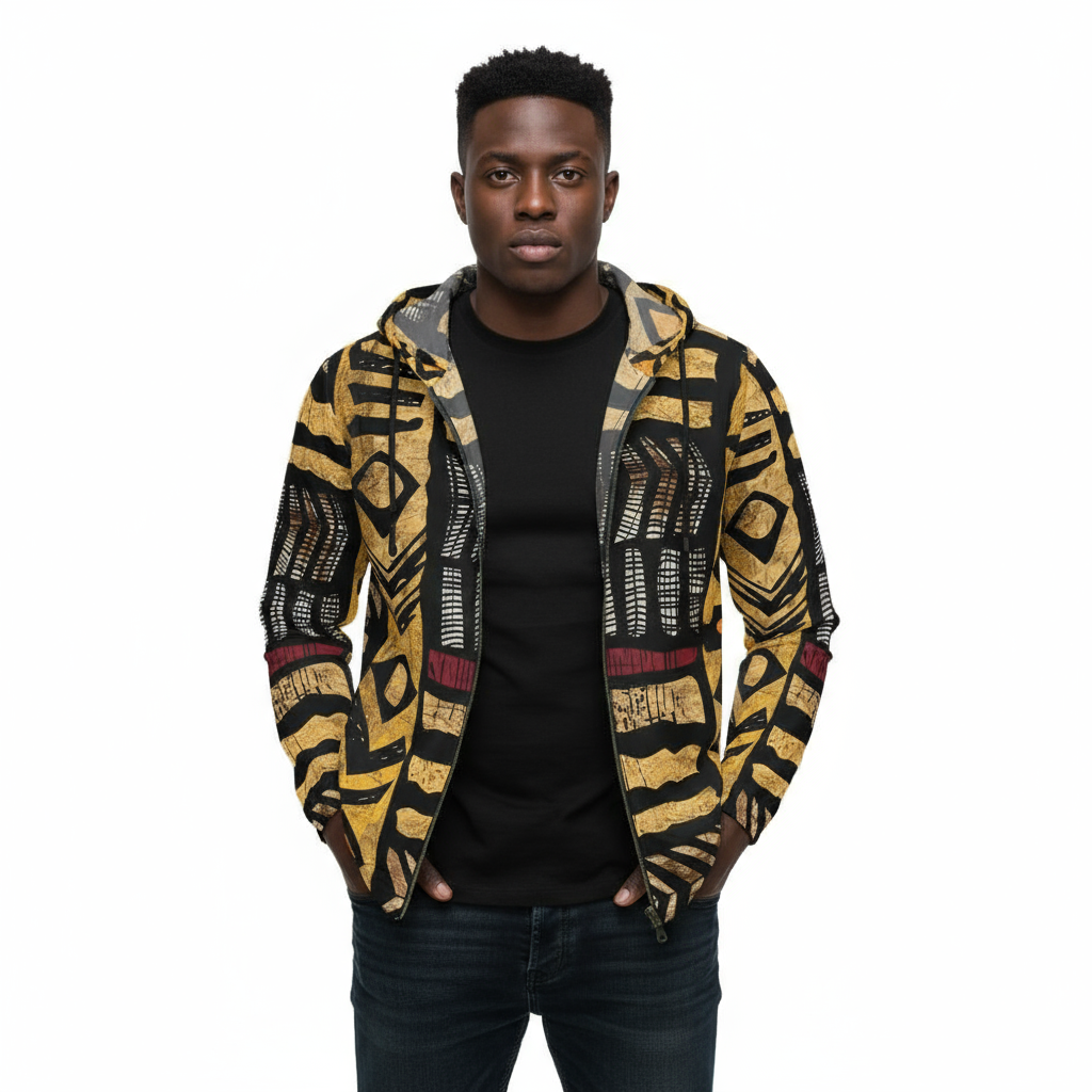Men’s African Print Full Zip Hoodie – All-Over Tribal Pattern Fashion Jacket